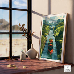 Panama Central America travel poster featuring canal and cargo ship, ideal for home decor
