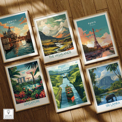 Travel posters featuring Venice, Paris, Singapore, Panama, Sri Lanka, and The Highlands for home decor