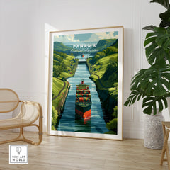Panama Central America travel poster featuring a cargo ship in the canal, lush green hills, and vibrant art for home decor.
