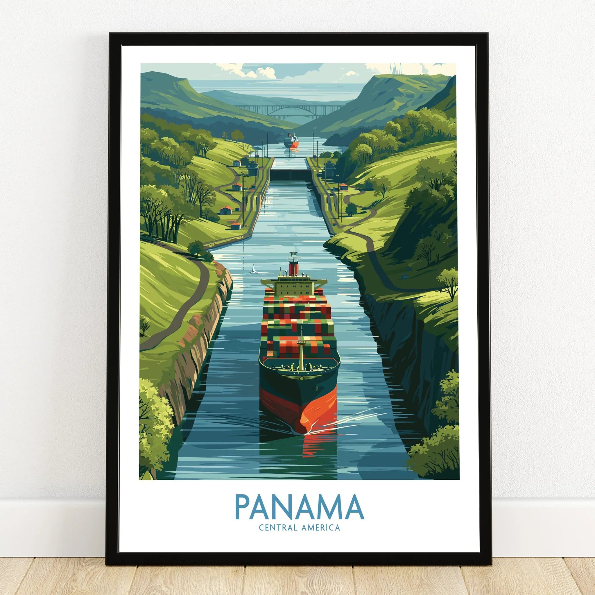 Panama Canal travel poster with cargo ship, lush green hills, and bridge, ideal for home decor