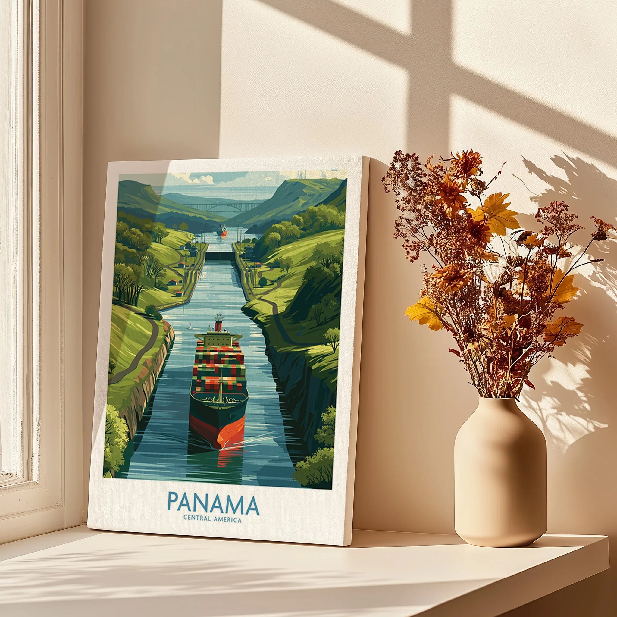 Panama Canal travel poster with cargo ship, green hills, and 'Panama Central America' text, styled for home decor.