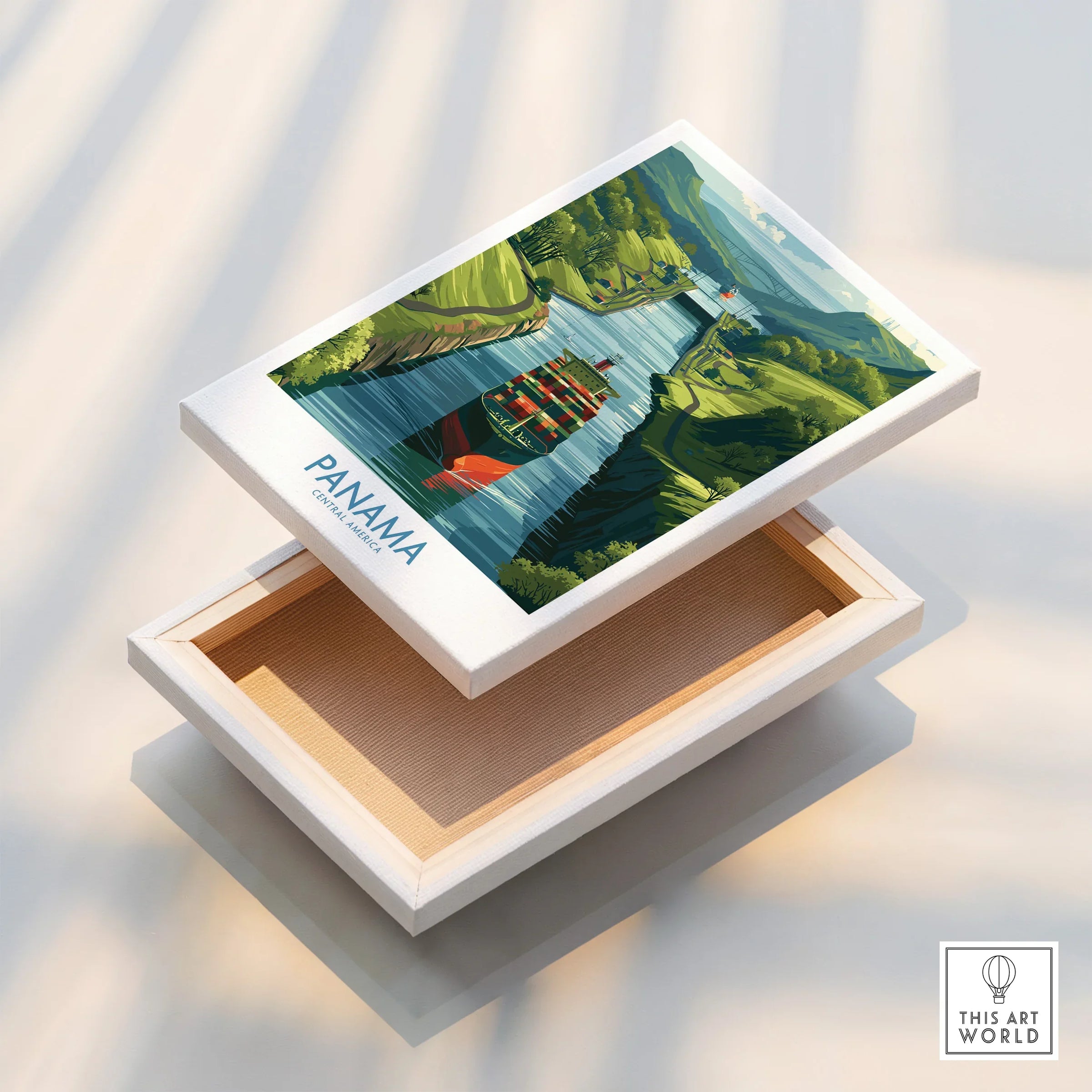 Panama travel poster canvas art featuring canal, cargo ship, lush green hills, ideal for home wall decor