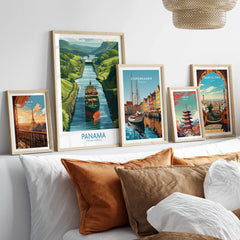 Travel posters of Paris, Panama, Copenhagen, Tokyo, and Barcelona for home decor wall art