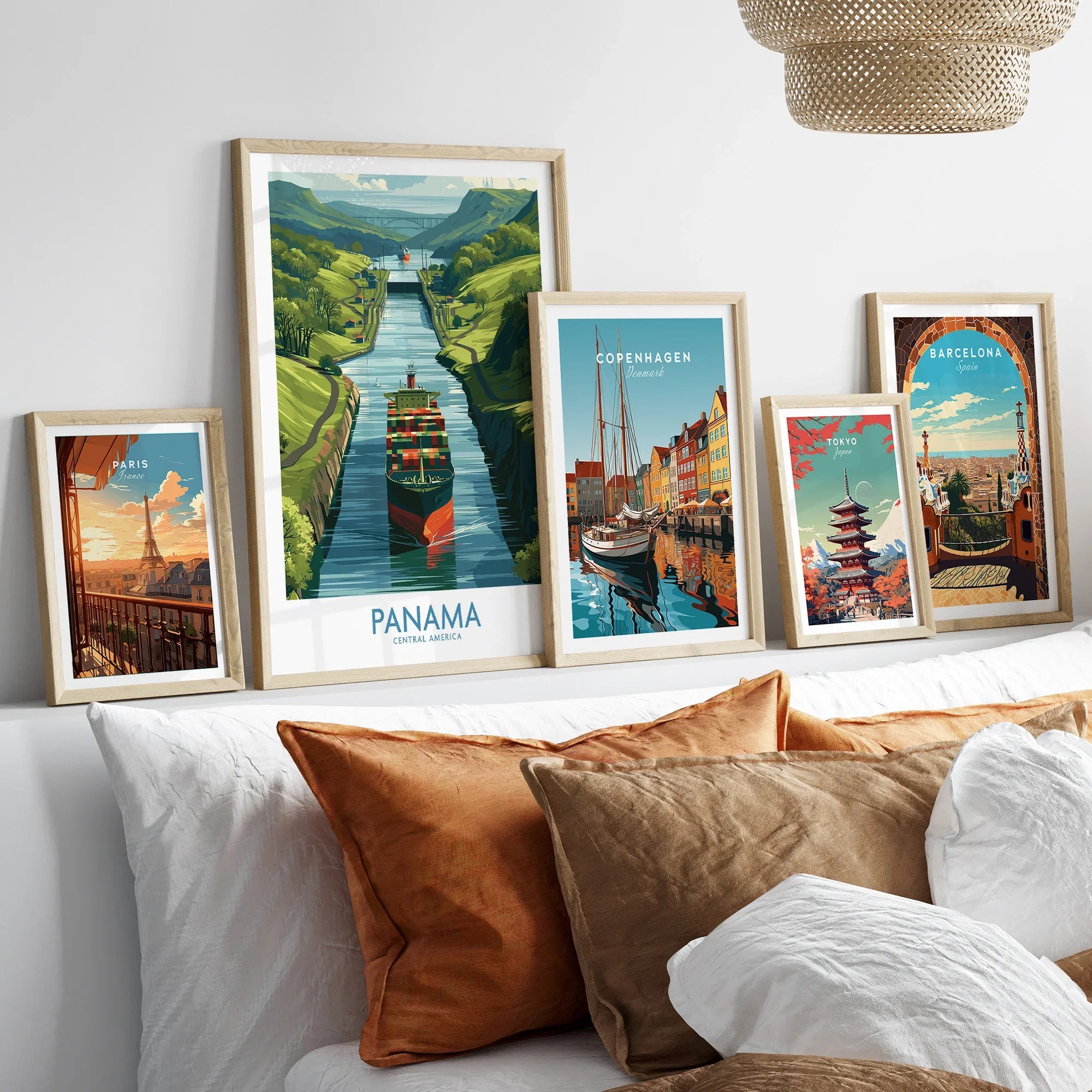 Travel posters of Paris, Panama, Copenhagen, Tokyo, and Barcelona for home decor wall art