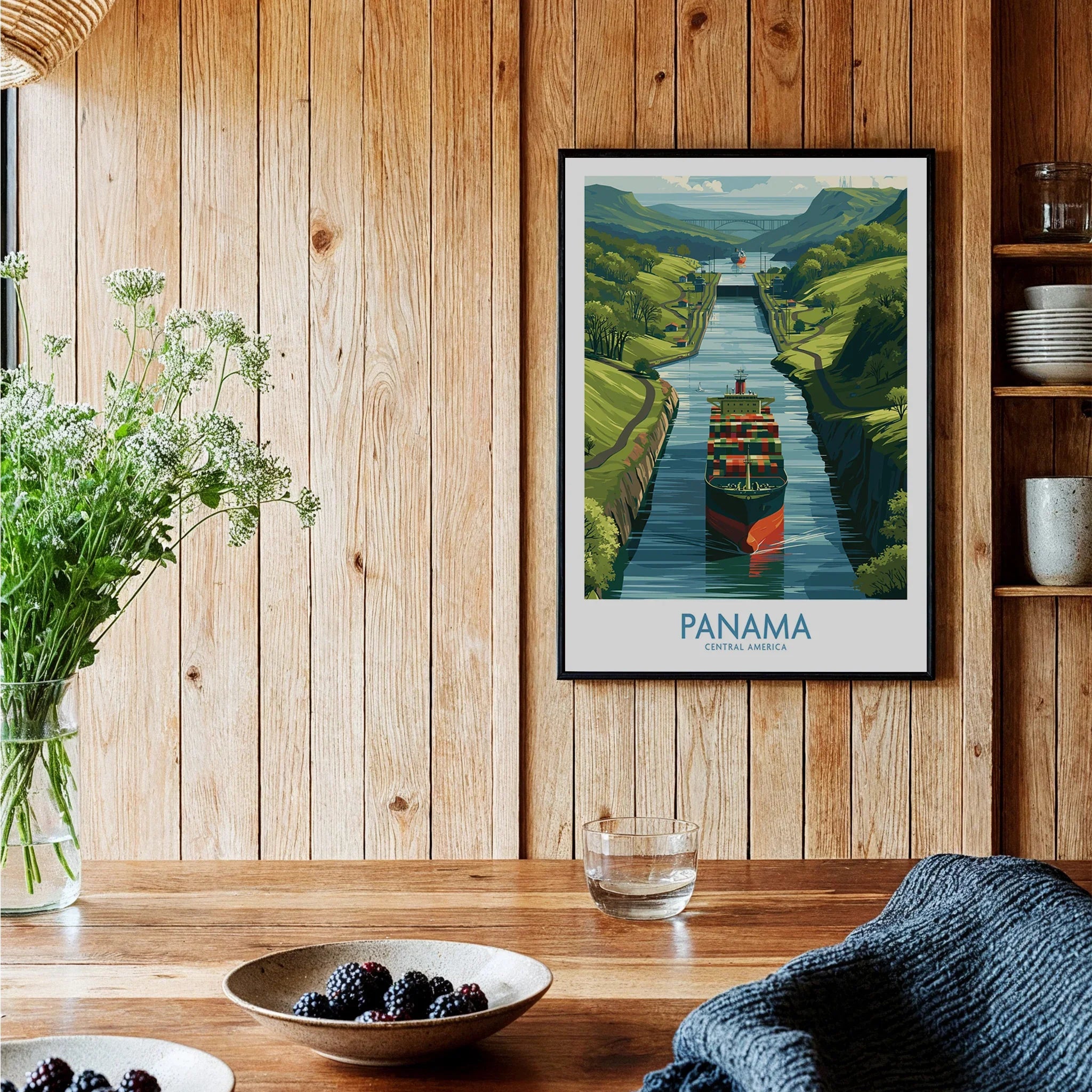 Panama Canal travel poster with cargo ship, green hills, and Central America scenery for home decor