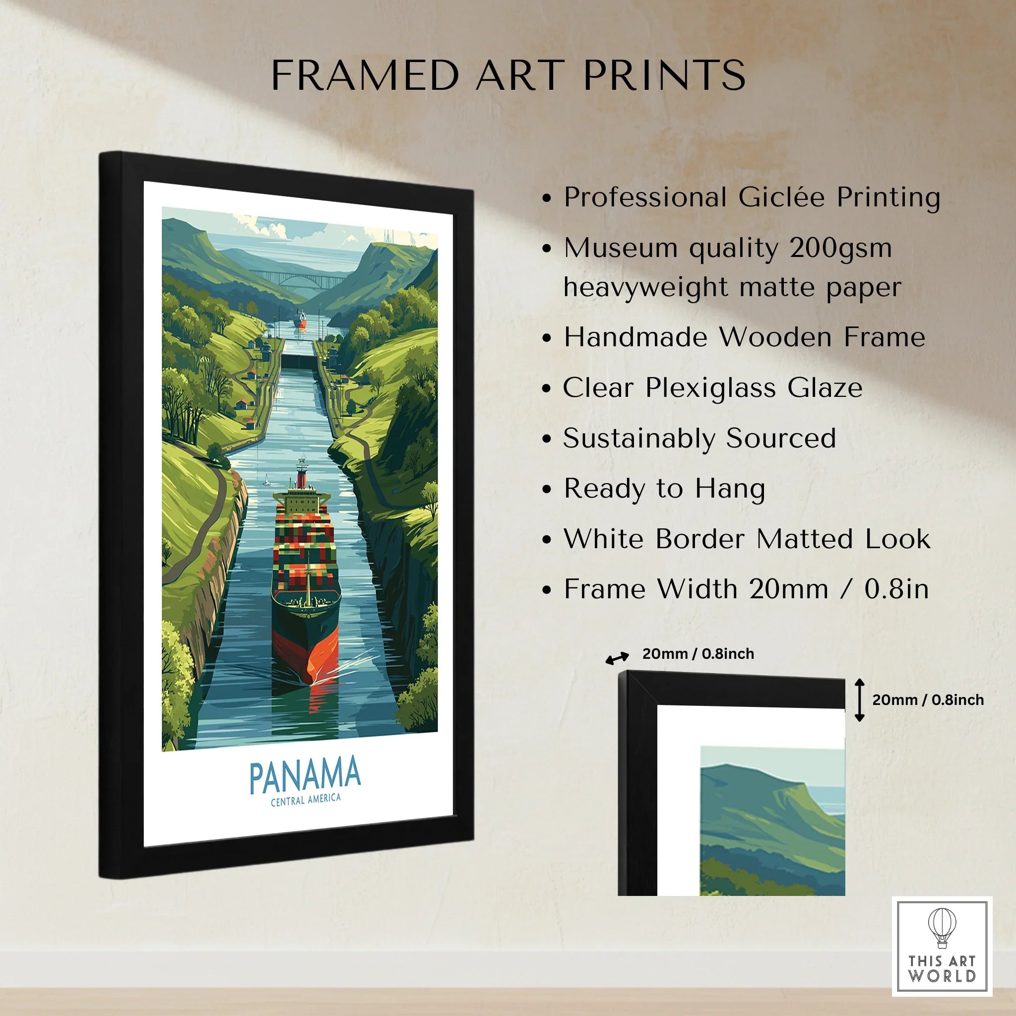 Panama Canal travel poster with cargo ship, framed art print for home decor