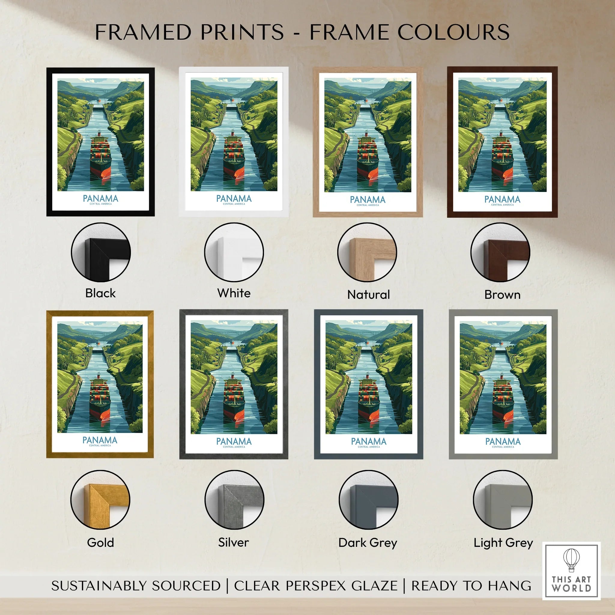 Panama Canal travel poster in various frame colors for home decor