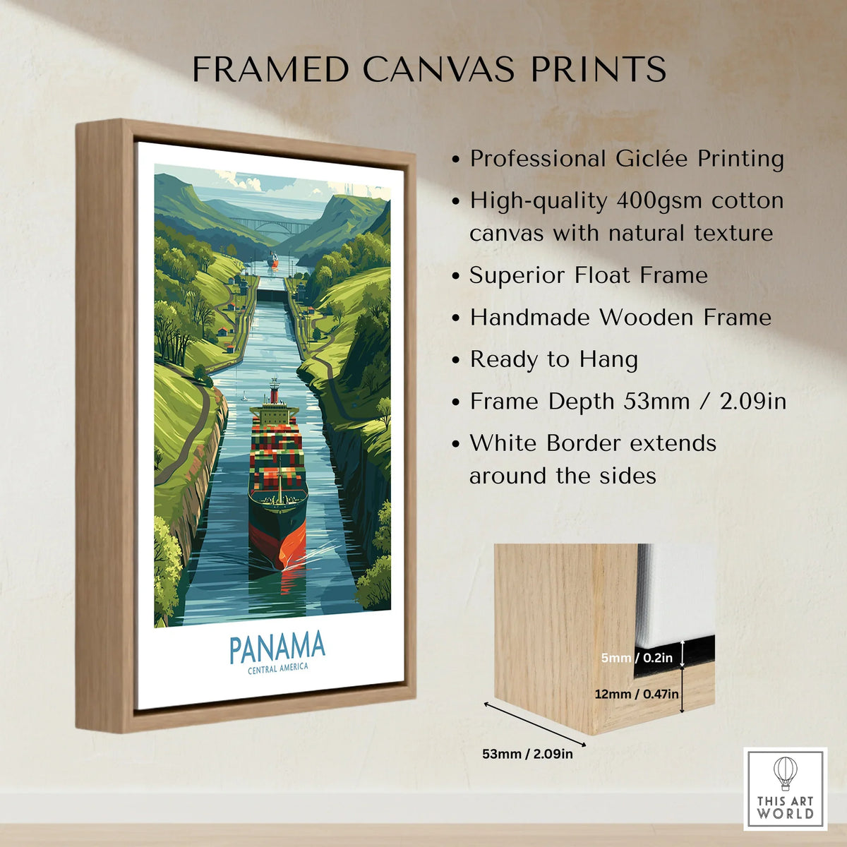 Framed Panama travel poster print with cargo ship in canal, green hills, handmade wood frame, ready to hang wall art