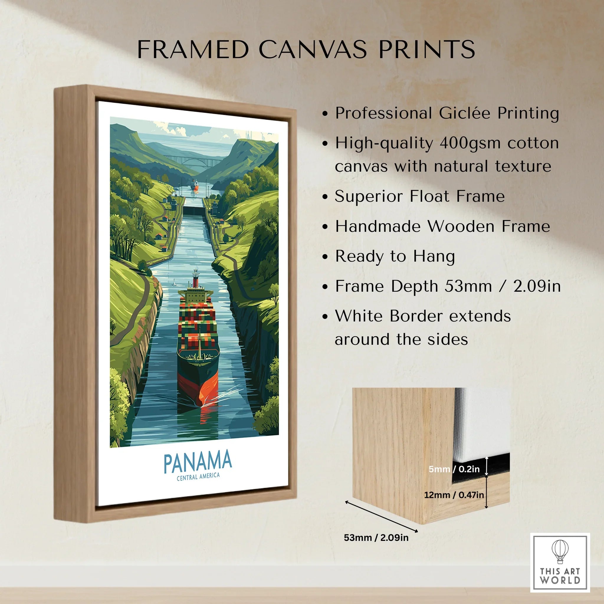 Framed Panama travel poster print with cargo ship in canal, green hills, handmade wood frame, ready to hang wall art