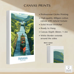 Panama Canal travel poster with cargo ship, green hills, and blue water, ideal for home decor wall art