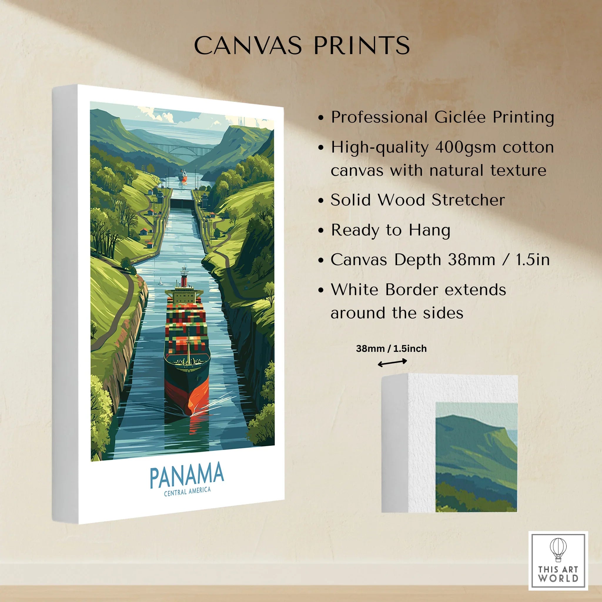 Panama Canal travel poster with cargo ship, green hills, and blue water, ideal for home decor wall art
