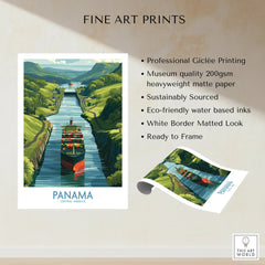Panama Canal travel poster with cargo ship, lush green hills, and vibrant water, ideal for wall art decor.