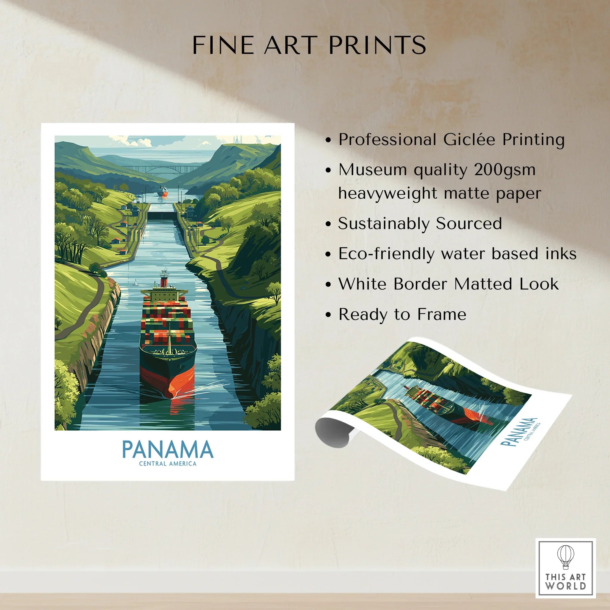 Panama Canal travel poster with cargo ship, lush green hills, and vibrant water, ideal for wall art decor.
