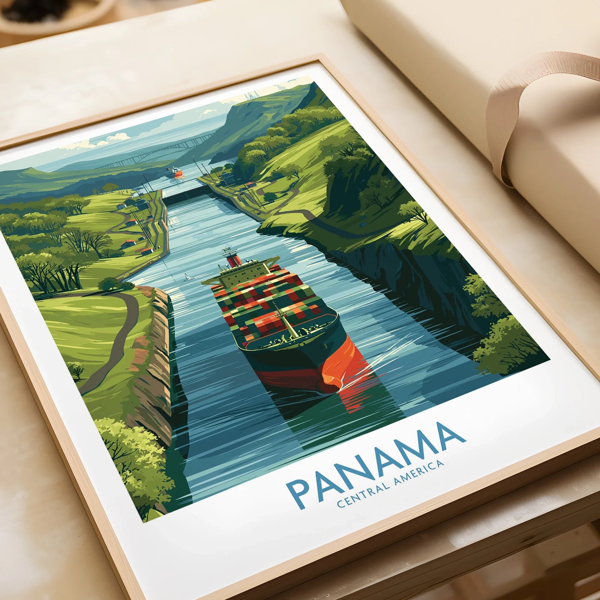 Panama travel poster featuring a cargo ship in the Panama Canal, lush green hills, and vibrant Central America scenery.