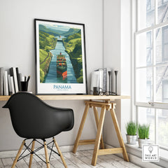 Panama Canal travel poster with cargo ship, green hills, and vibrant colors for home decor