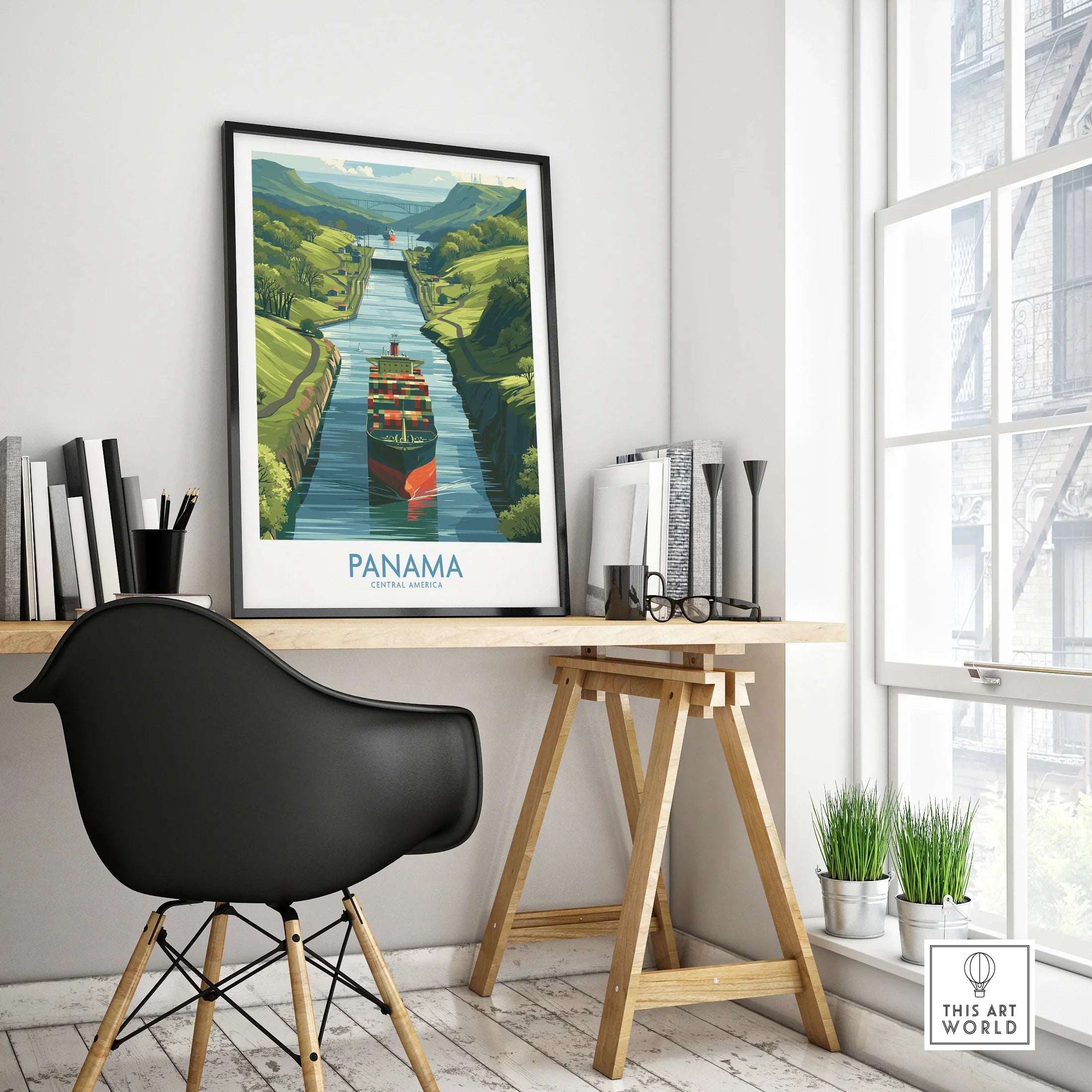 Panama Canal travel poster with cargo ship, green hills, and vibrant colors for home decor