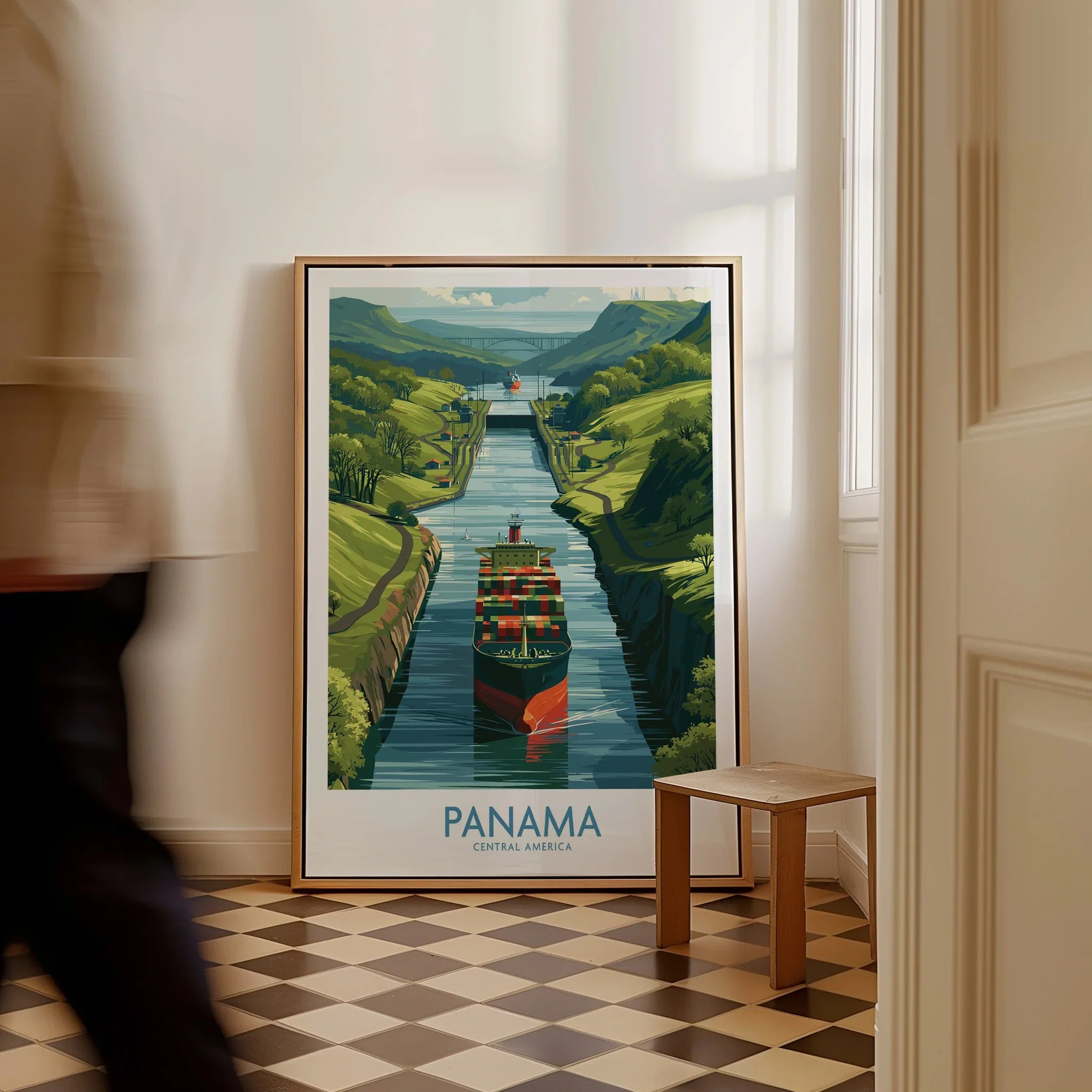 Panama Canal travel poster with cargo ship, lush green hills, and vibrant waterway art for home decor