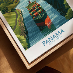 Panama travel poster featuring a cargo ship in a canal, vibrant green landscapes, and bold typography.