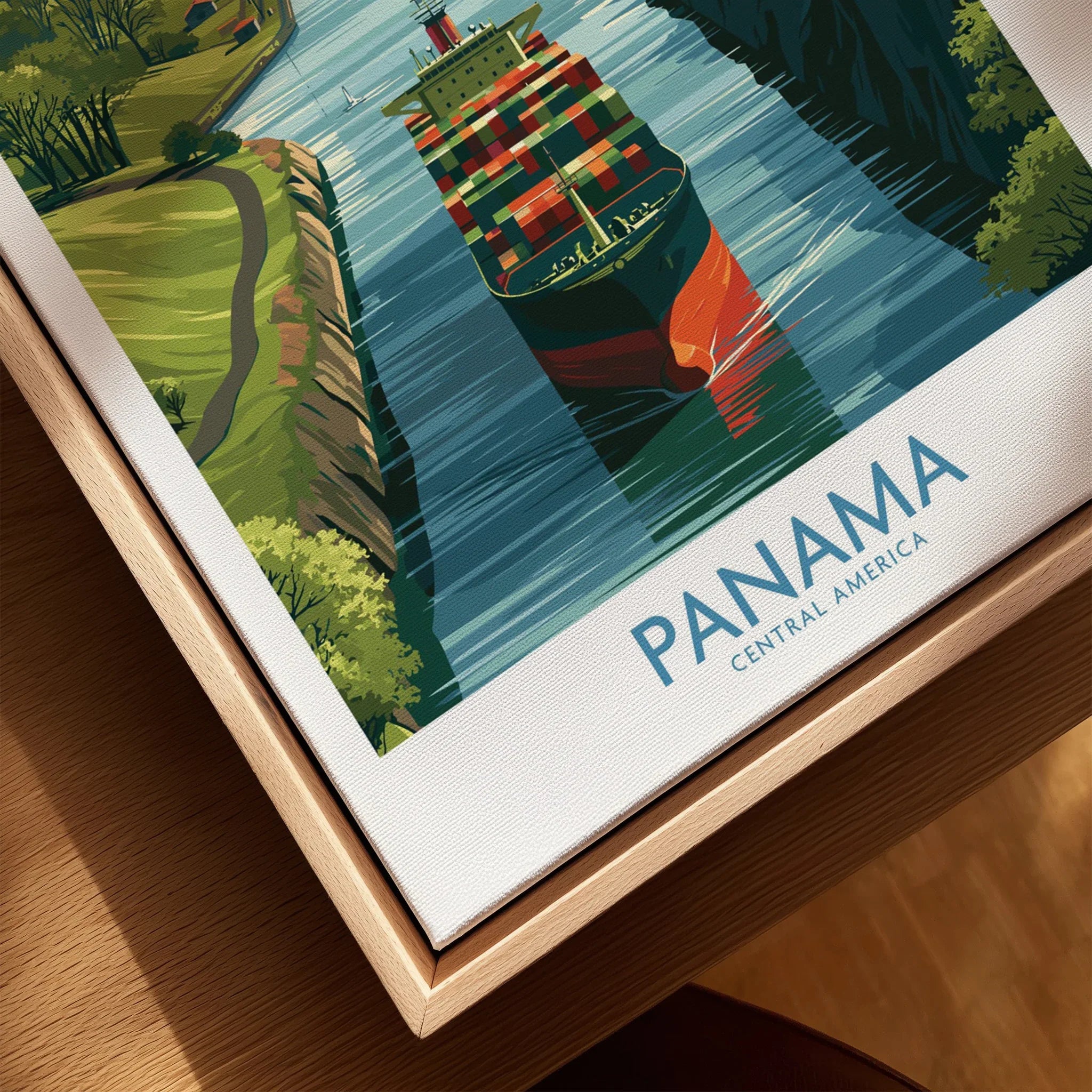 Panama travel poster featuring a cargo ship in a canal, vibrant green landscapes, and bold typography.