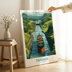 Panama Canal travel poster with cargo ship, lush green hills, and vibrant city skyline wall art