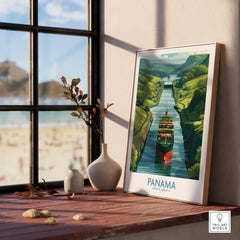 Panama Canal travel poster with cargo ship, lush green hills, and vibrant water, perfect for home decor