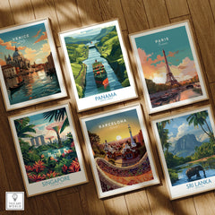 Travel posters of Venice, Panama, Paris, Singapore, Barcelona, Sri Lanka for wall art decor