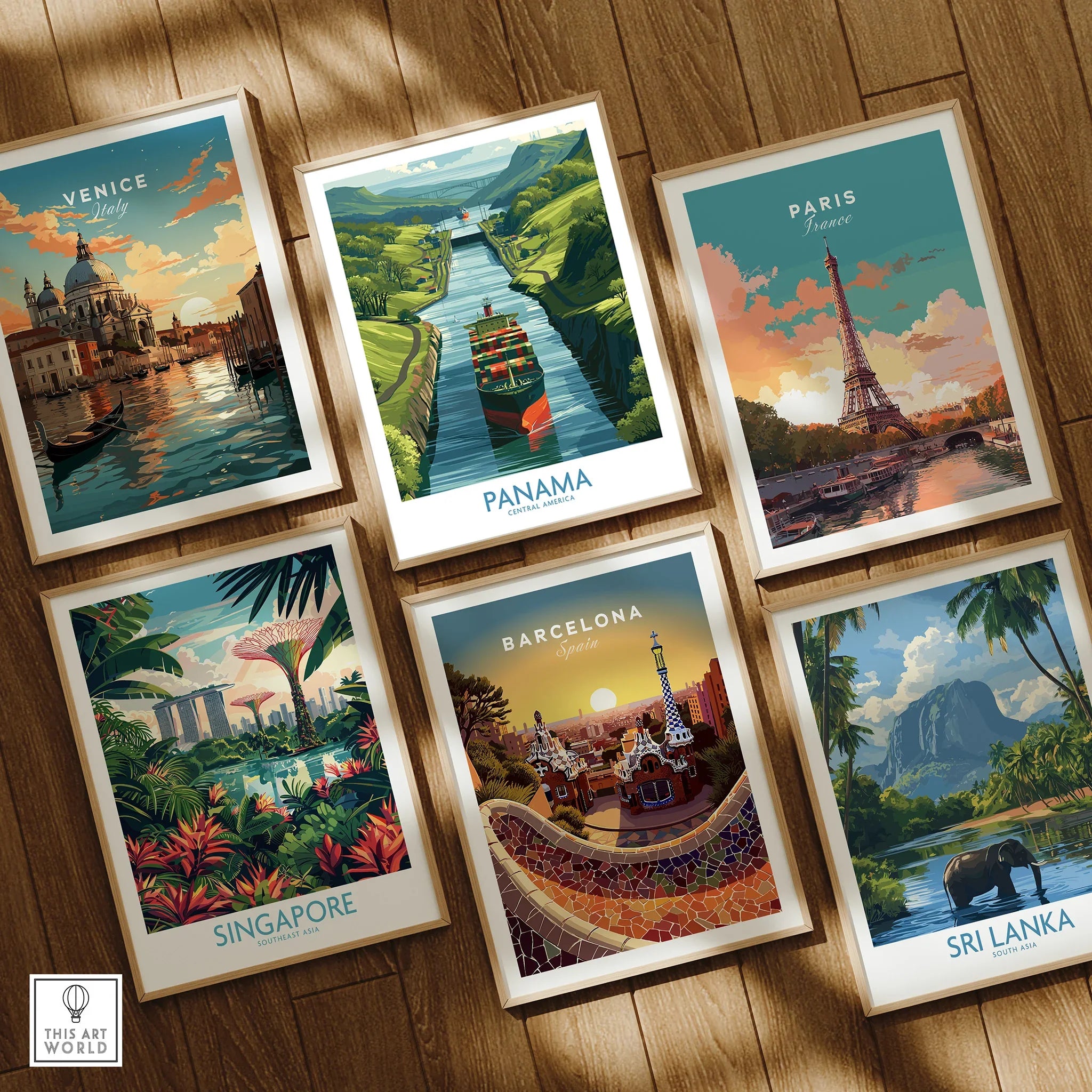 Travel posters of Venice, Panama, Paris, Singapore, Barcelona, Sri Lanka for wall art decor