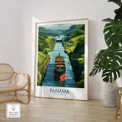 Panama Canal travel poster with cargo ship, lush green hills, and vibrant water, perfect for home decor.