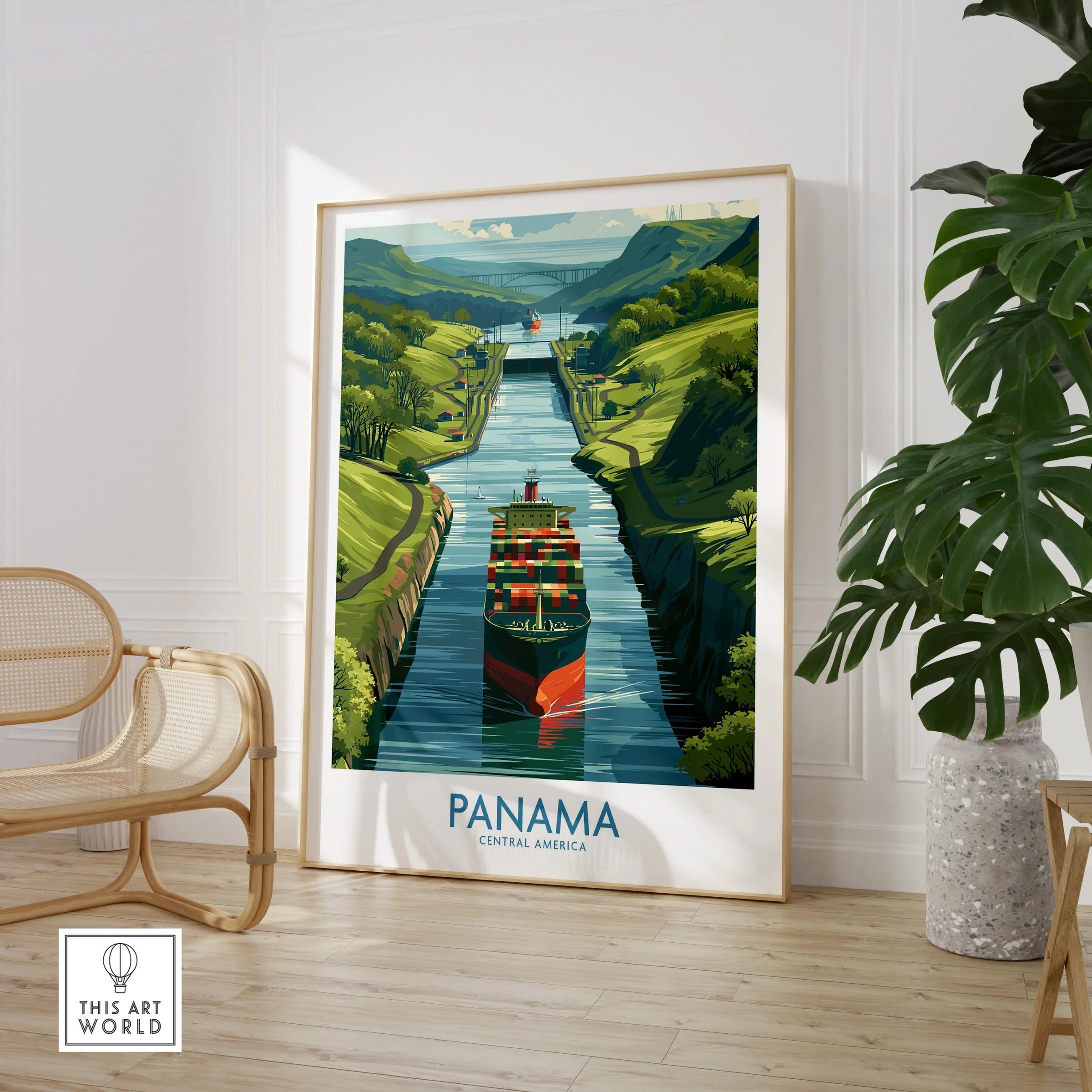 Panama Canal travel poster with cargo ship, lush green hills, and vibrant water, perfect for home decor.