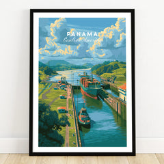 Panama travel poster featuring canal, cargo ship, and lush green hills, ideal wall art for home decor.