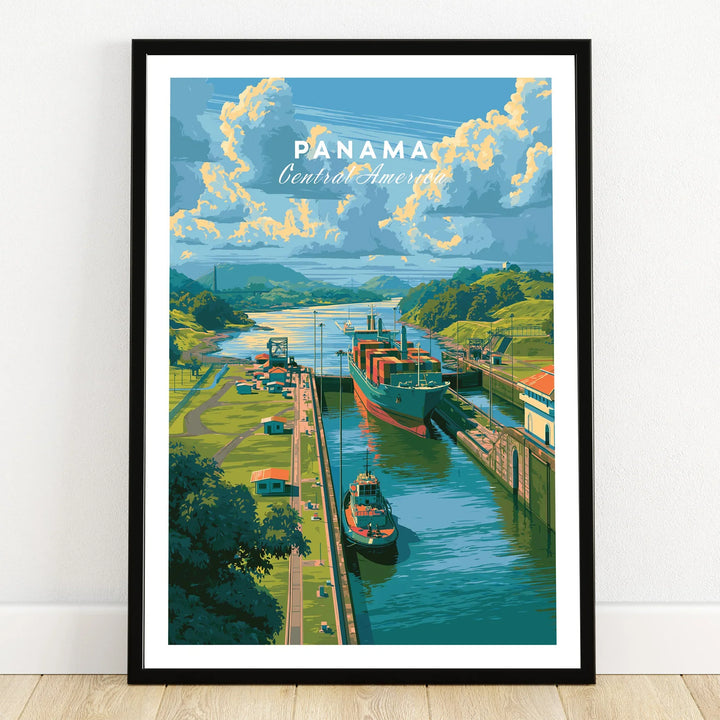 Panama travel poster featuring canal, cargo ship, and lush green hills, ideal wall art for home decor.