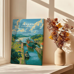 Panama Central America travel poster featuring canal, ships, and lush greenery for home decor