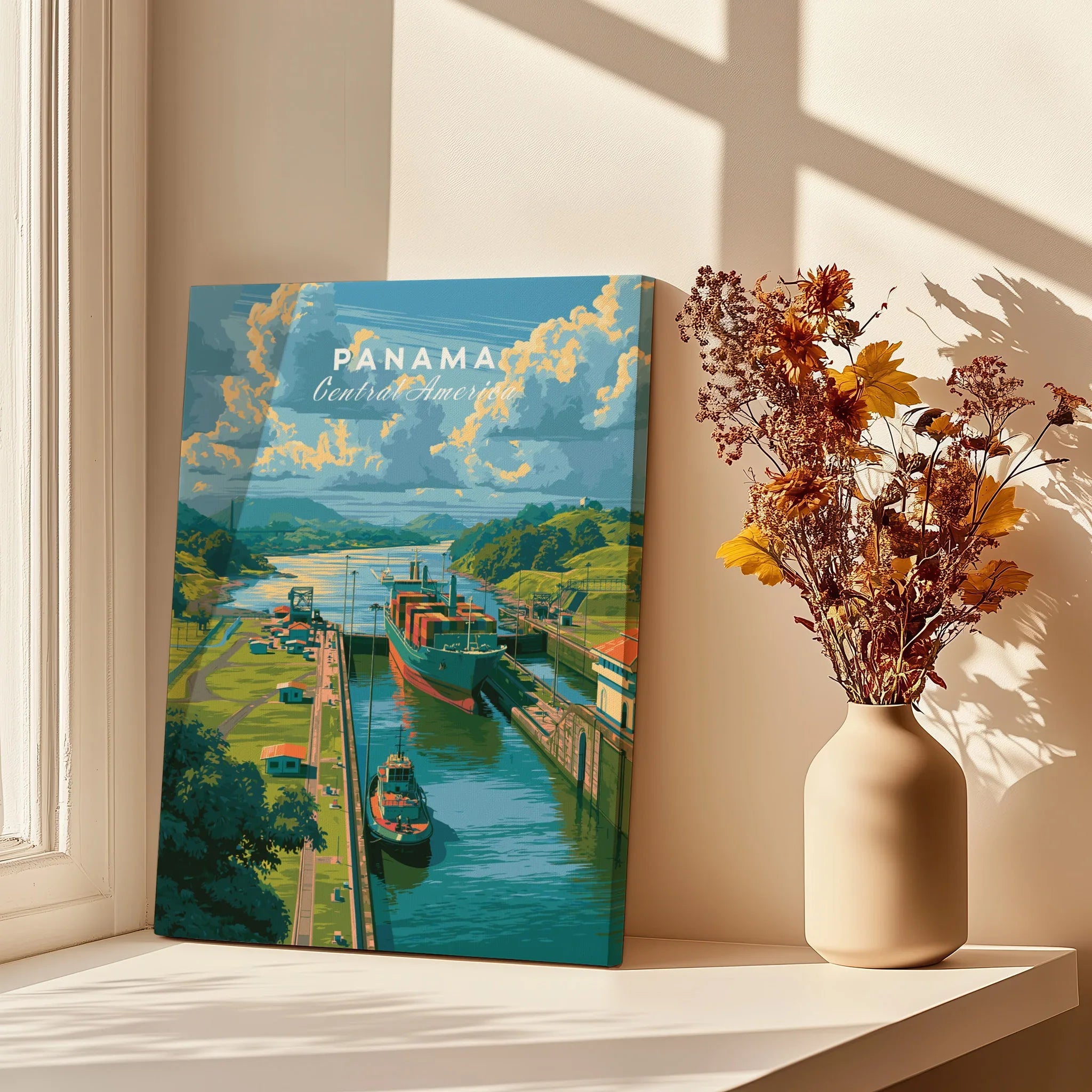 Panama Central America travel poster featuring canal, ships, and lush greenery for home decor