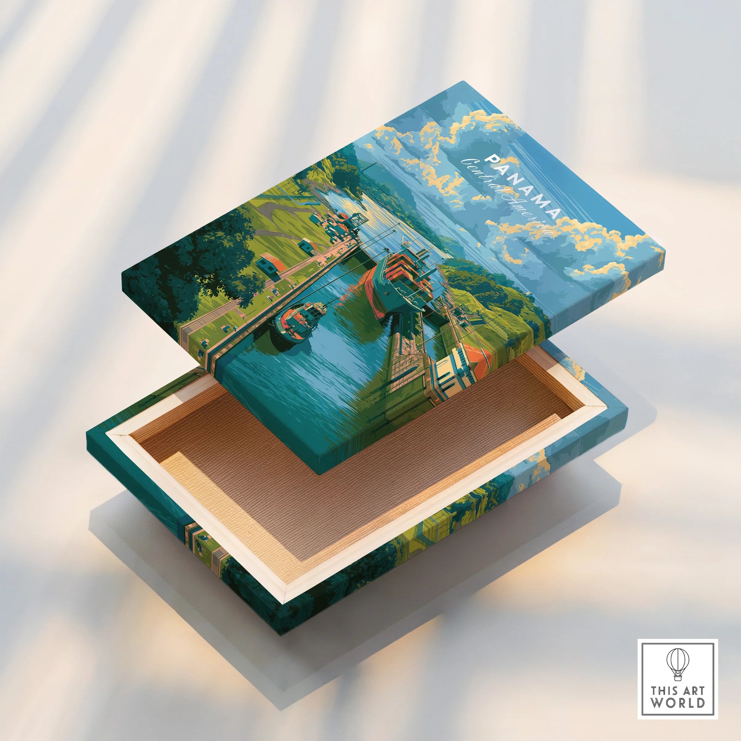 Panama travel poster featuring canal ships, lush greenery, and vibrant skies for home decor