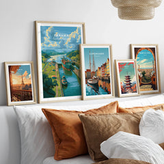 Travel posters of Paris, Panama, Copenhagen, Tokyo, and Barcelona for home decor wall art