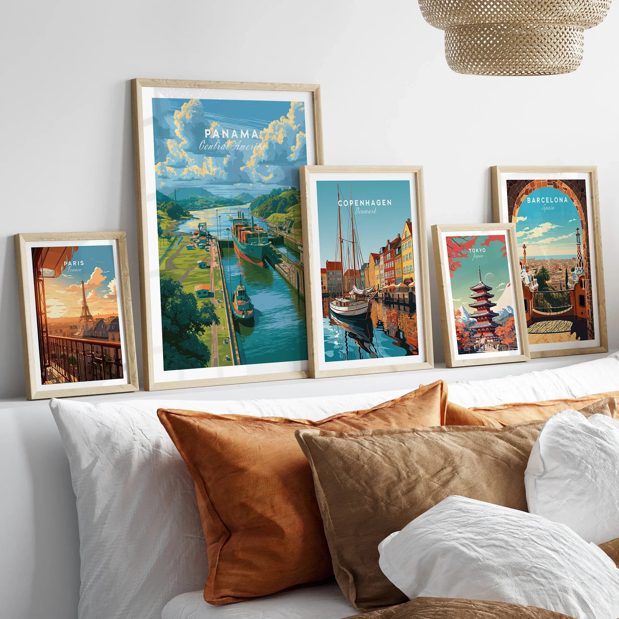 Travel posters of Paris, Panama, Copenhagen, Tokyo, and Barcelona for home decor wall art