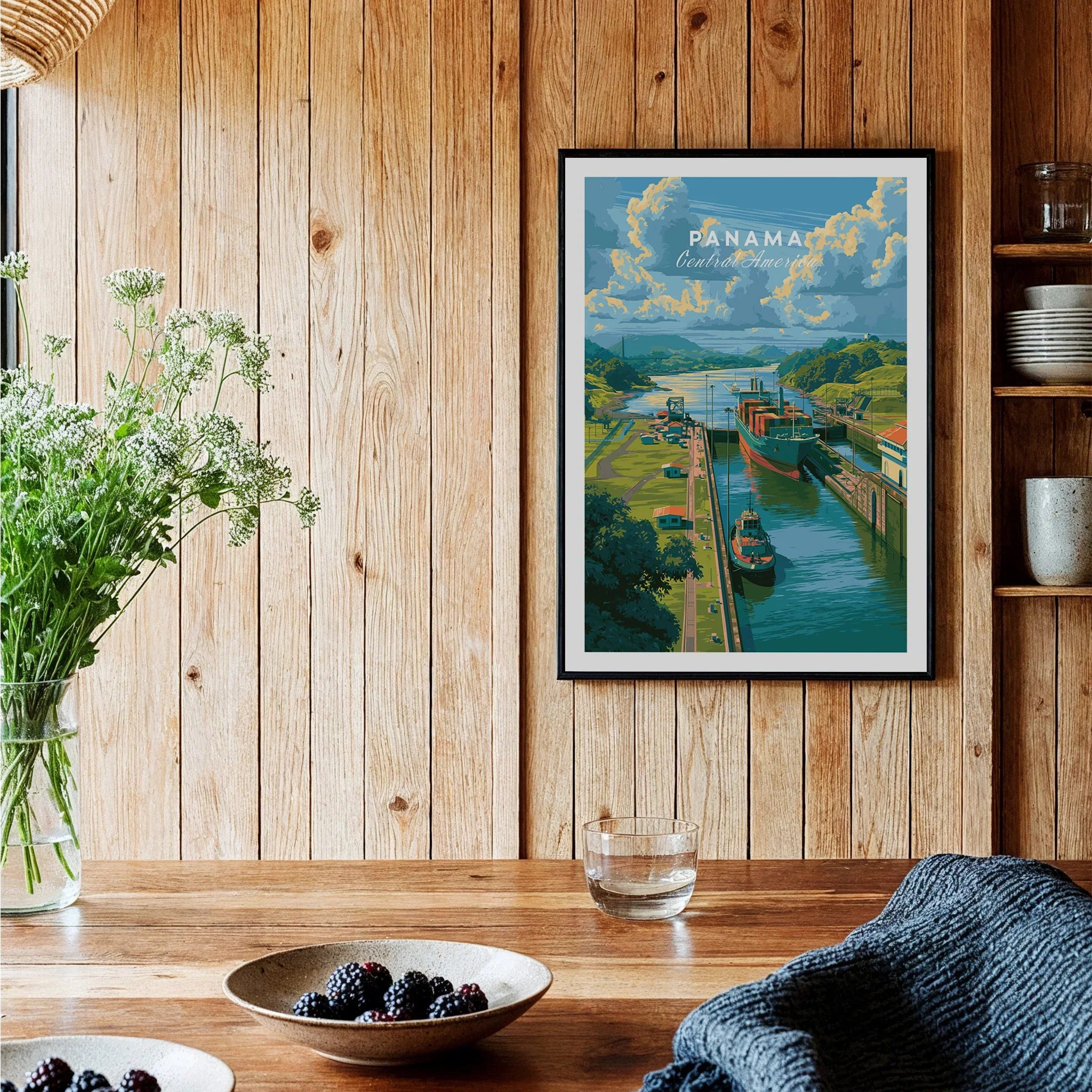 Panama Central America travel poster featuring canal, ships, and lush greenery for home decor