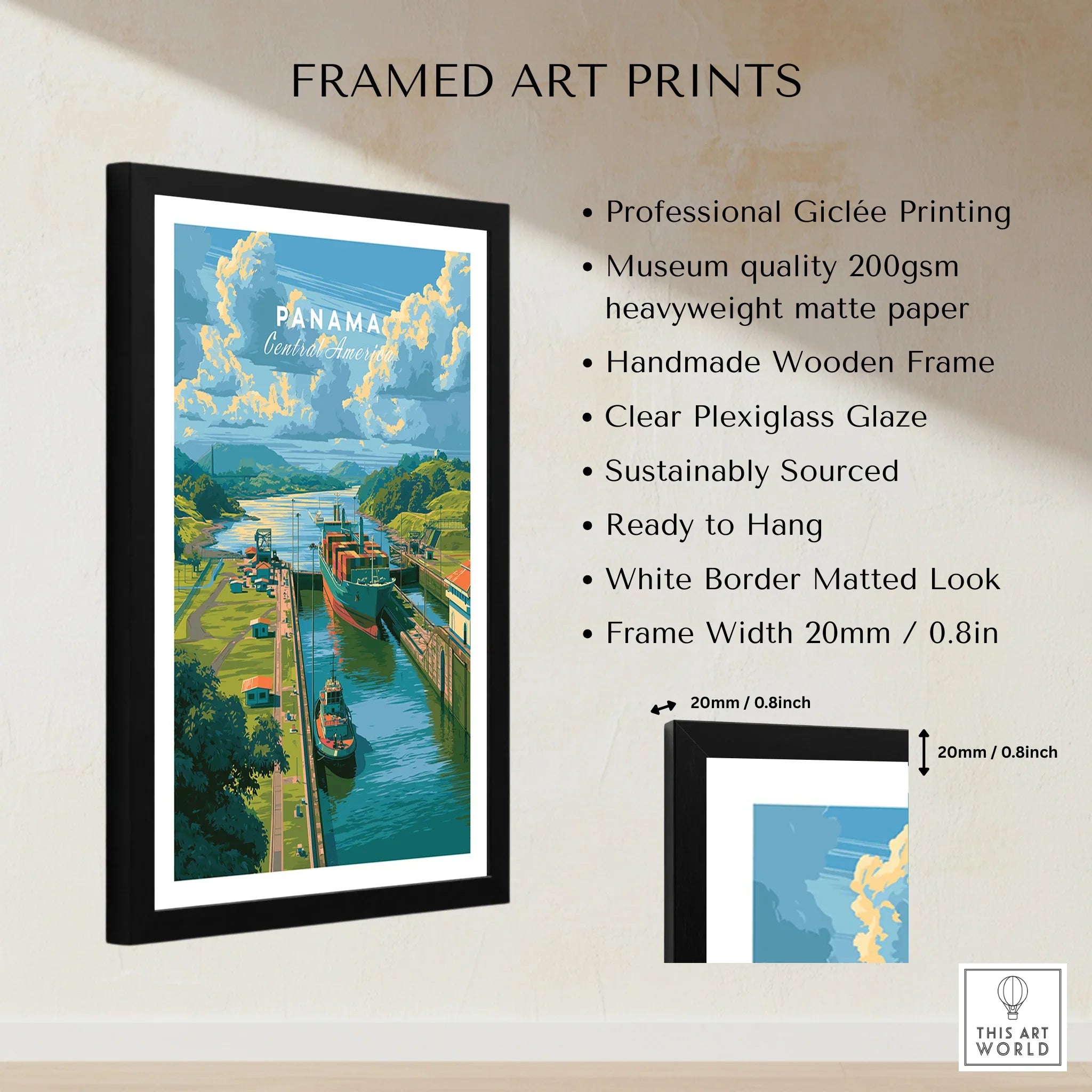 Panama travel poster with canal scene, framed art print for home decor