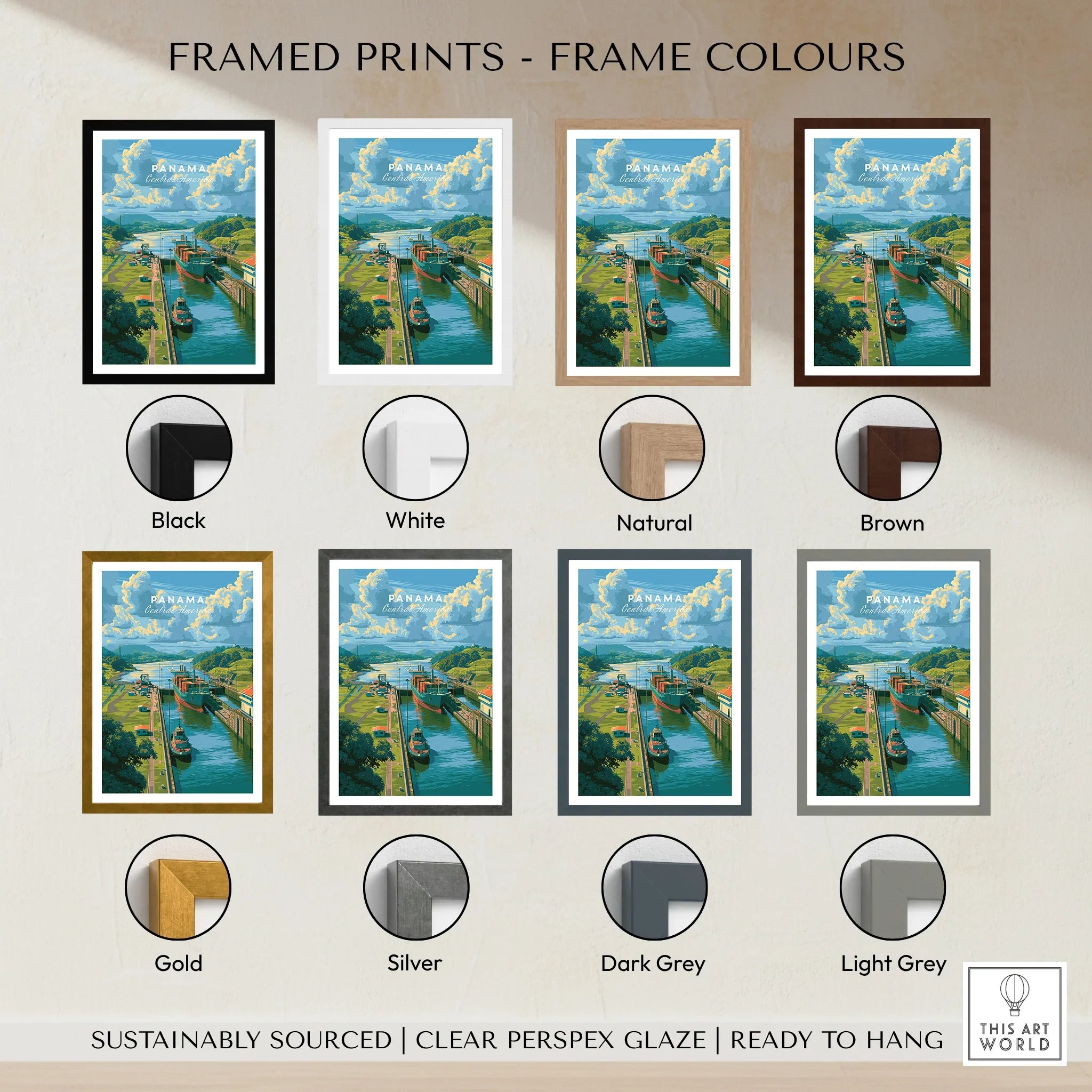 Panama Canal travel poster in various frame colors for home decor