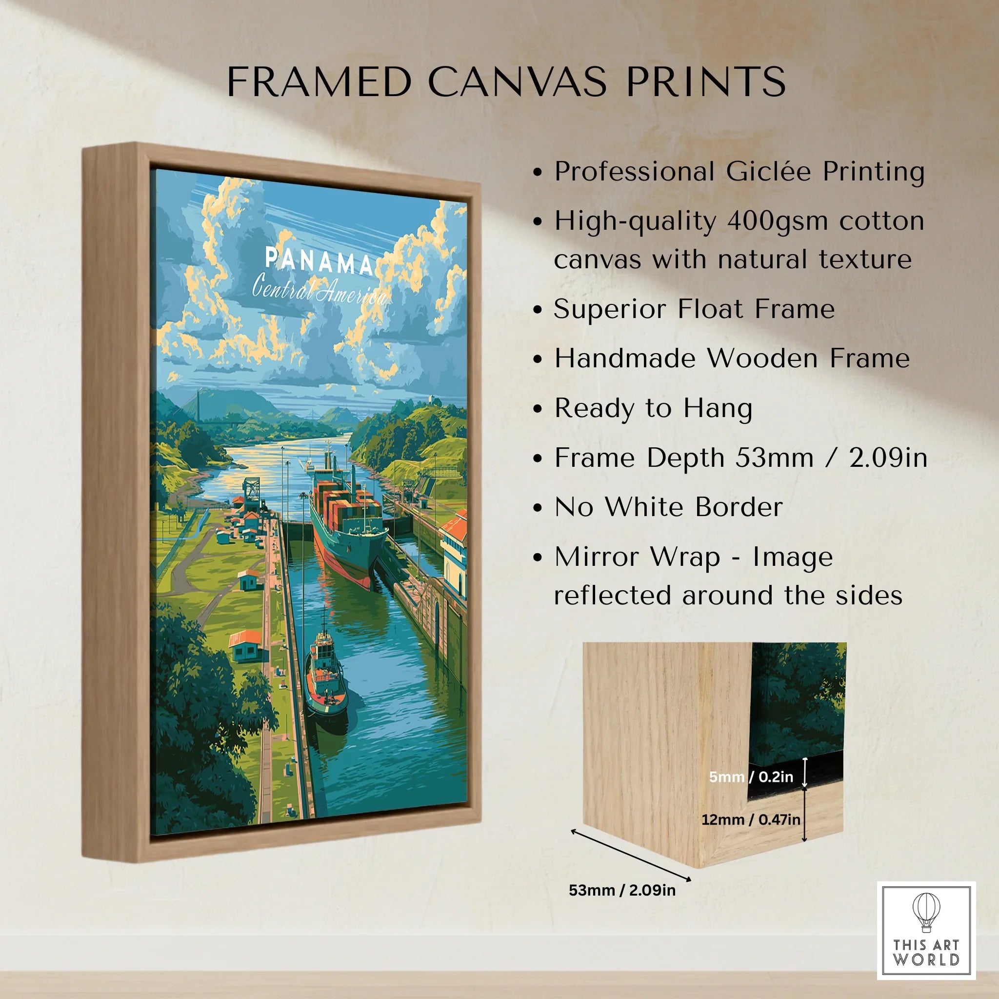 Panama travel poster with canal scene, framed canvas print for home decor