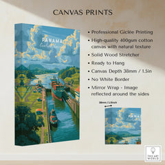 Panama Central America travel poster canvas print with ships in canal, vibrant sky, and lush greenery
