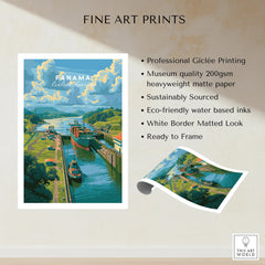 Panama travel poster featuring canal, ships, and lush greenery, ideal for home decor