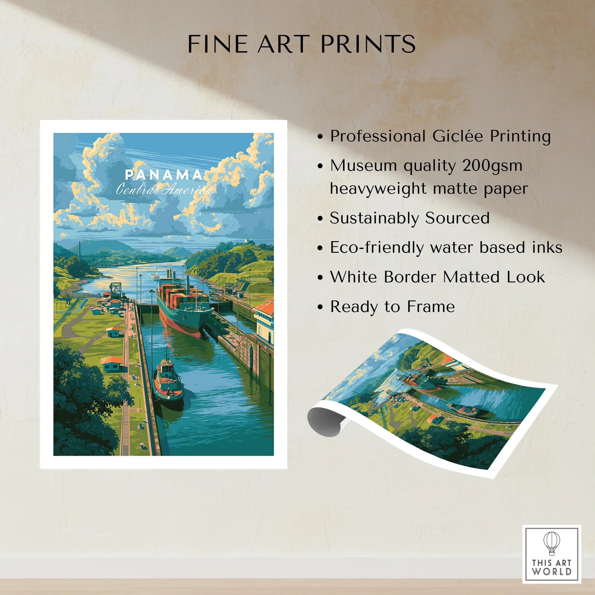 Panama travel poster featuring canal, ships, and lush greenery, ideal for home decor