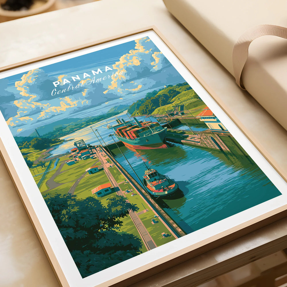 Panama Central America travel poster featuring canal, ships, and lush greenery for wall art decor
