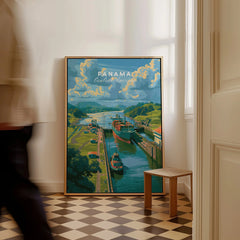 Panama Central America travel poster featuring canal, ships, and lush greenery for home decor