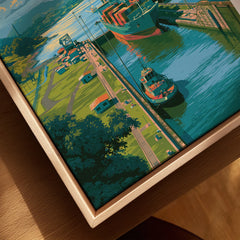 Vibrant canal art print with boats, greenery, and colorful buildings for home decor