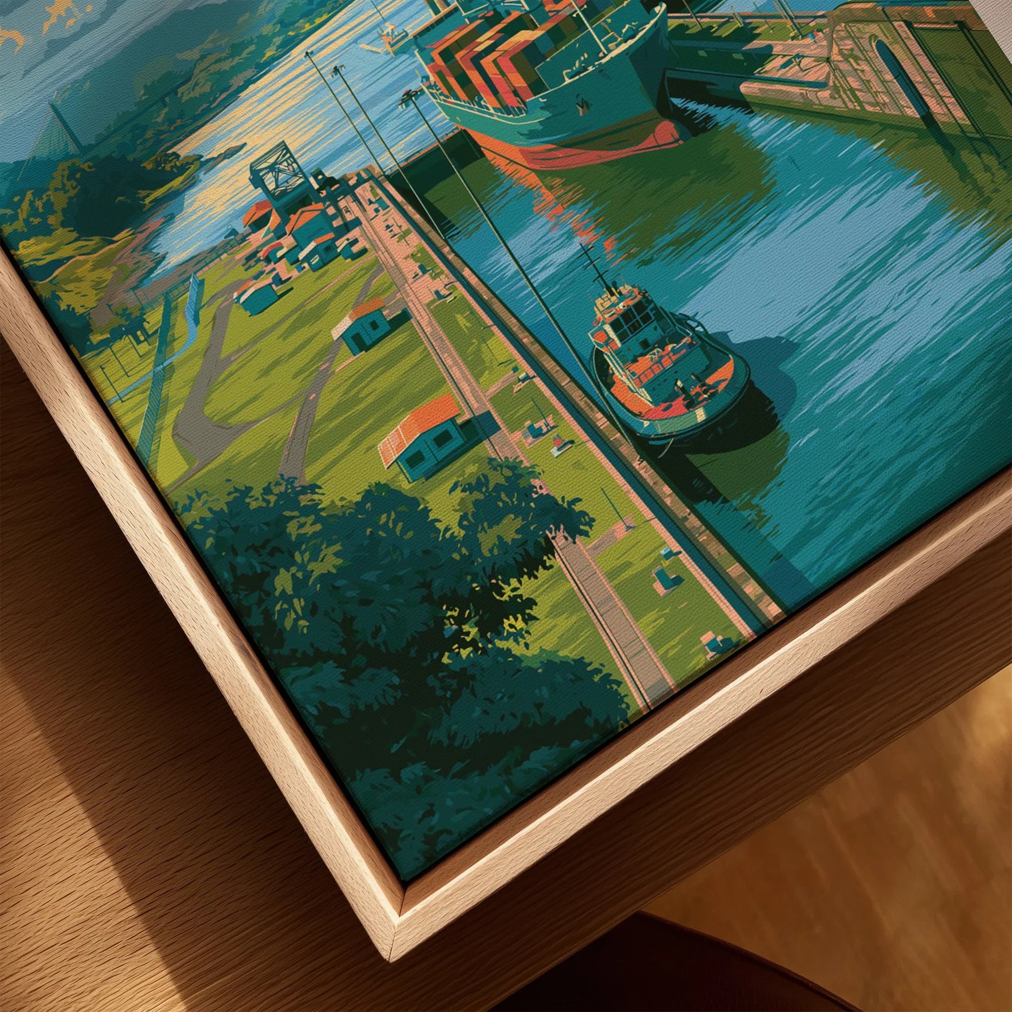 Vibrant canal art print with boats, greenery, and colorful buildings for home decor