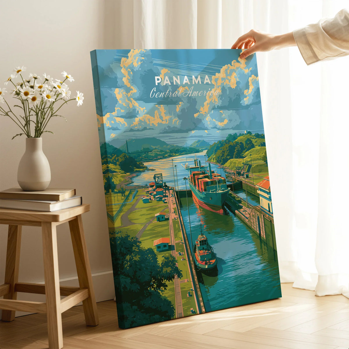 Panama Central America travel poster featuring canal, ships, and lush greenery for home decor