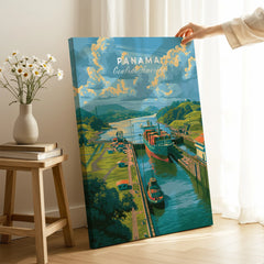 Panama Central America travel poster featuring canal, ships, and lush greenery for home decor