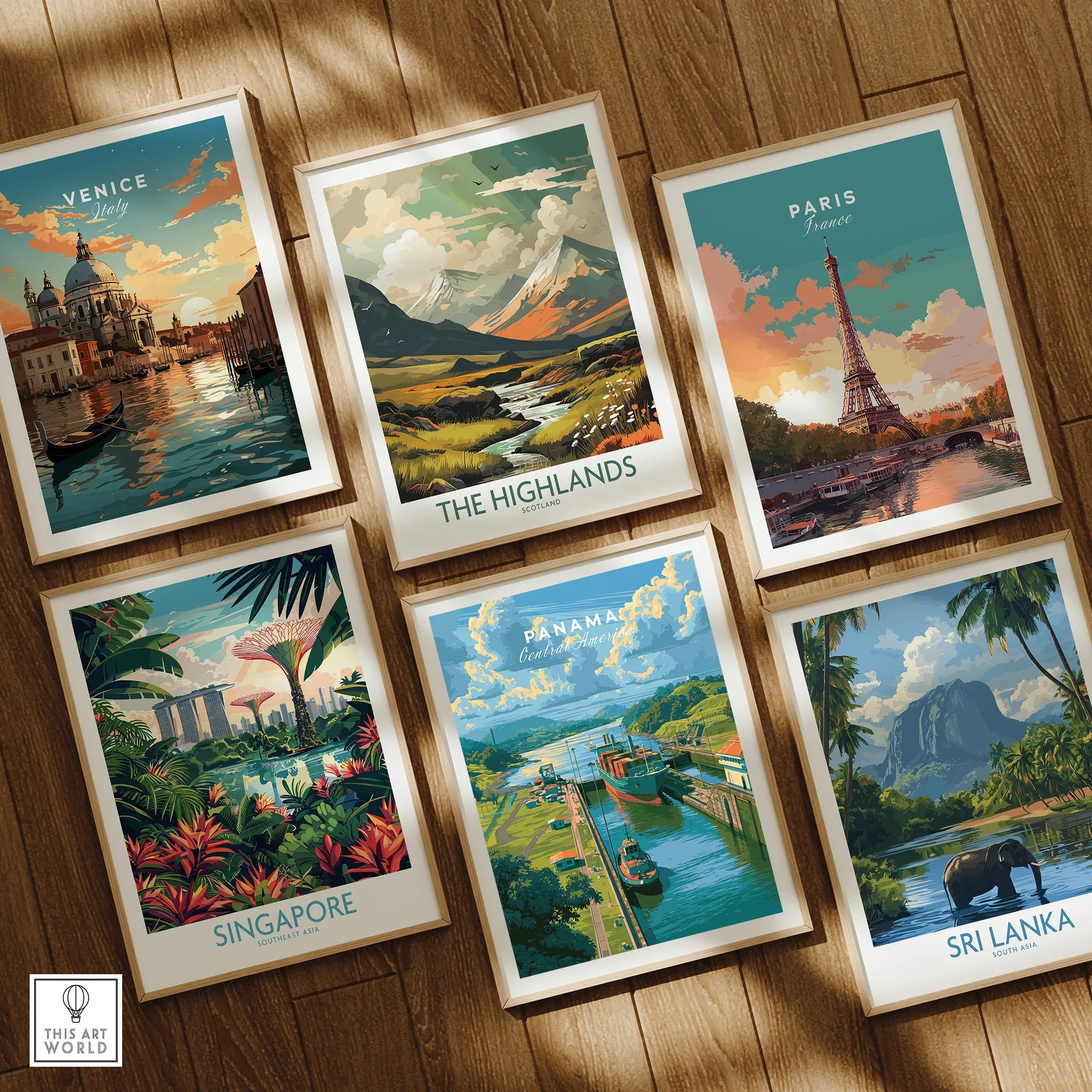 Framed travel posters of Venice, Paris, Highlands, Singapore, Panama, Sri Lanka for wall art decor